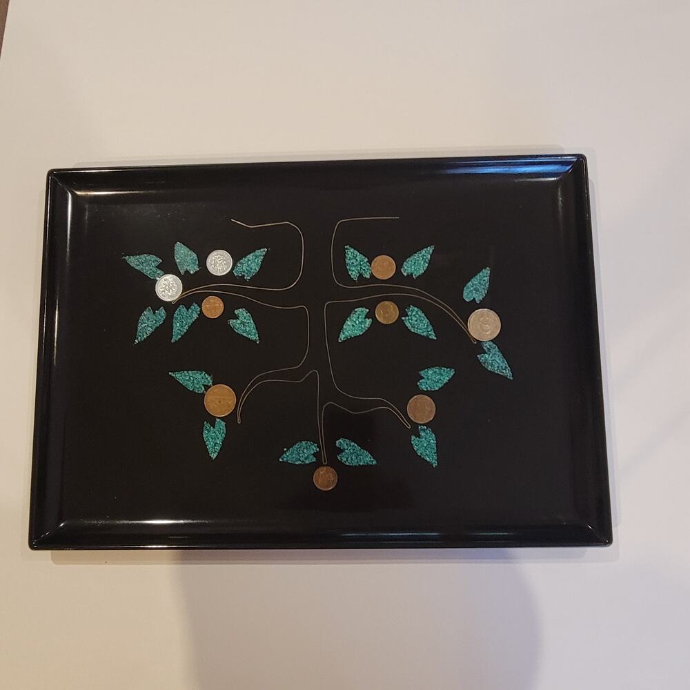 Vintage serving tray MCM Couroc of Monterey Large Money Tree with World Coins